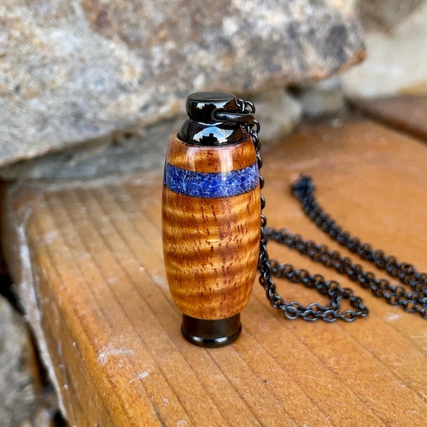 Hawaiian Curly Koa Wood & Black Stainless Steel Core With Lapis Lazuli Inlay Cremation Jewelry | Cremation Pendant | Urn Necklace