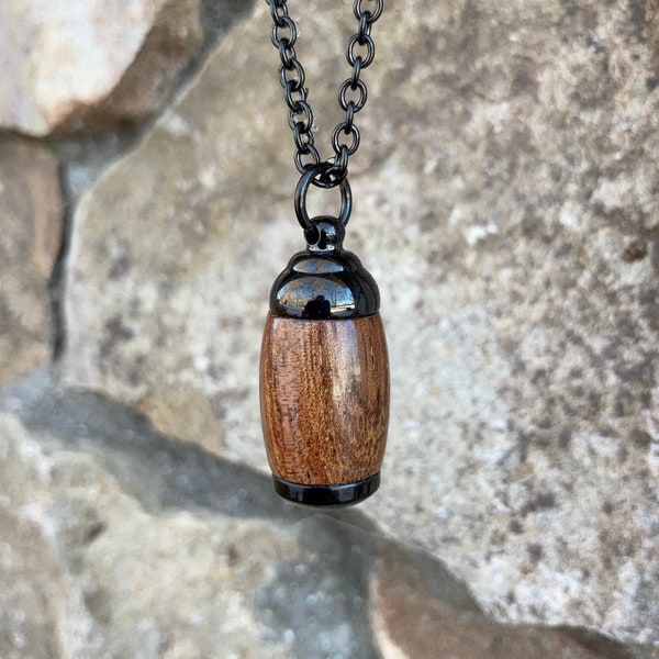 Extra Small Hawaiian Koa Wood and Black Stainless Steel Cremation Jewelry | Cremation Pendant | Ashes Necklace | Urn Necklace