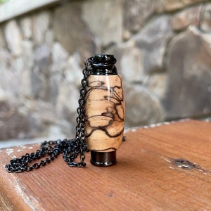 One-Of-A-Kind Cremation Keepsake Urn Cremation Jewelry | Hand Turned End Grain Spalted Maple & Black Stainless Steel Necklace For Ashes