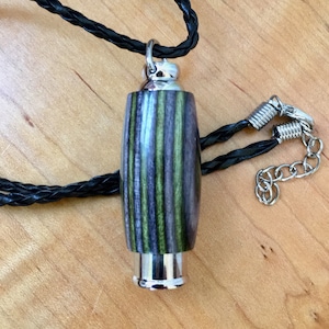 Hand Turned Olive Drab & Grey Laminate Wood Stainless Steel Cremation Pendant | Ashes Necklace | Urn Necklace For Ashes | Cremation Jewelry