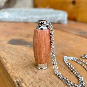 Swiss Pear Wood Cremation Pendant: Stainless Steel Urn Necklace