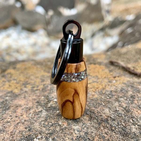 Bethlehem Olive Wood With Abalone Shell Inlay & Black Stainless Steel Cremation Keychain | Cremation Jewelry | Ashes Necklace