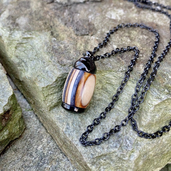 Extra Small Buckskin Camo Wood With Black Stainless Steel Cremation Jewelry | Cremation Pendant | Ashes Necklace | Urn Necklace