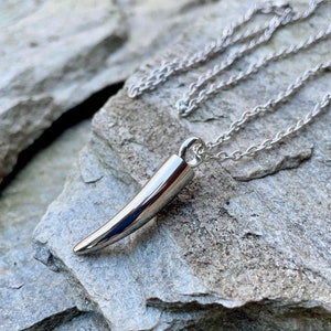 May include: A silver necklace with a polished silver pendant shaped like a curved tooth.