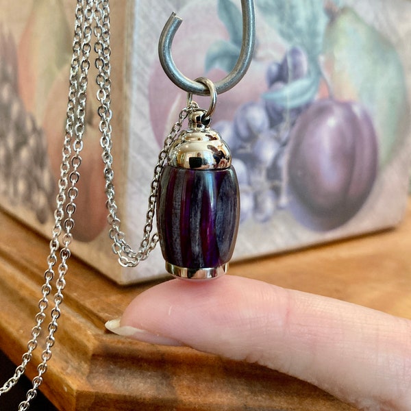 Extra Small Purple & Grey Laminate Wood and Silver Stainless Steel Cremation Jewelry | Cremation Pendant | Ashes Necklace | Urn Necklace