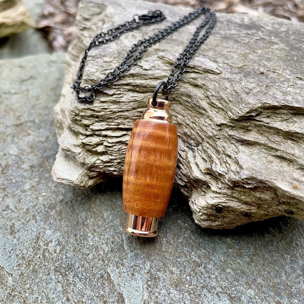 Cremation Urn Jewelry | Hawaiian Koa With Rose Gold Stainless Steel Keepsake Pendant For Ashes | Large Chamber For Cremains