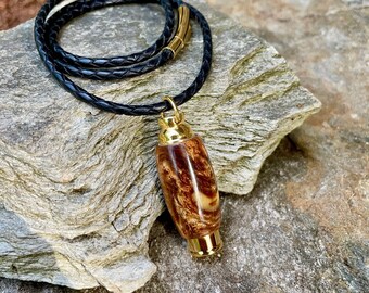 Handmade Java Gold Cremation Urn Pendant: Gold Stainless Steel, Leather Cord