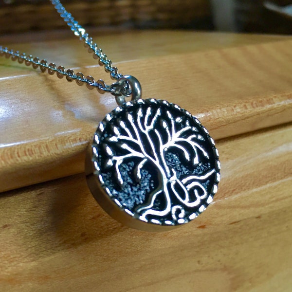 Tree of Life Cremation Pendant: Stainless Steel & Black Enamel Urn Necklace