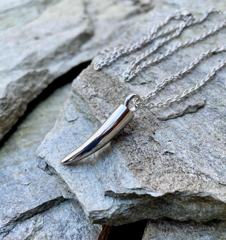 May include: A silver necklace with a polished silver pendant shaped like a curved tooth.