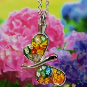 Butterfly Cremation Jewelry Silver Stainless Steel & Millefiori Cremation Pendant Necklace For Ashes Urn Necklace Ashes Necklace 8117 image 5