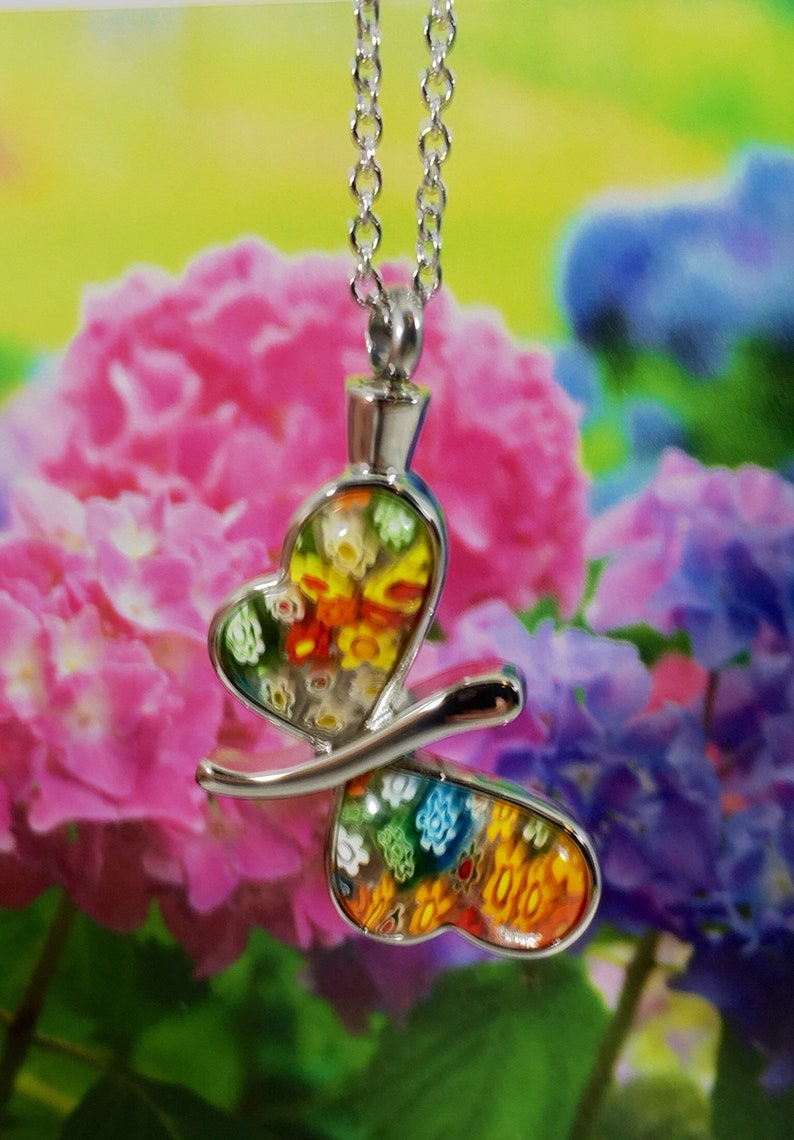Butterfly Cremation Jewelry Silver Stainless Steel & Millefiori Cremation Pendant Necklace For Ashes Urn Necklace Ashes Necklace 8117 image 5