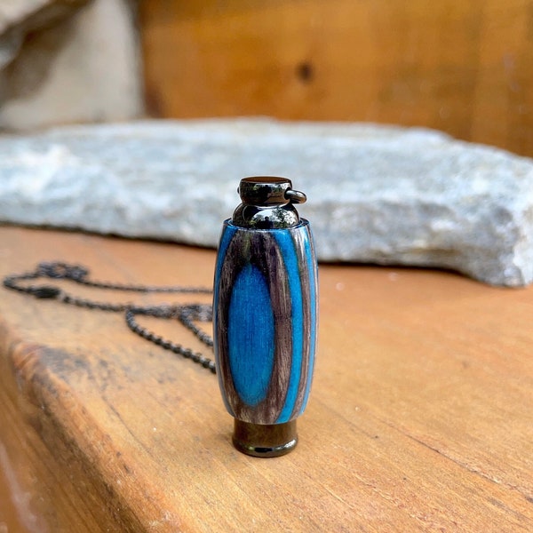 Electric Blue and Grey Turned Laminate Wood & Black Stainless Steel Cremation Pendant | Cremation Jewelry | Urn Necklace | Ashes Necklace