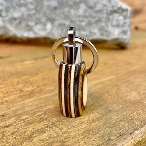 Buckskin Camo Cremation Key Chain: Wood Turned Stainless Steel Urn