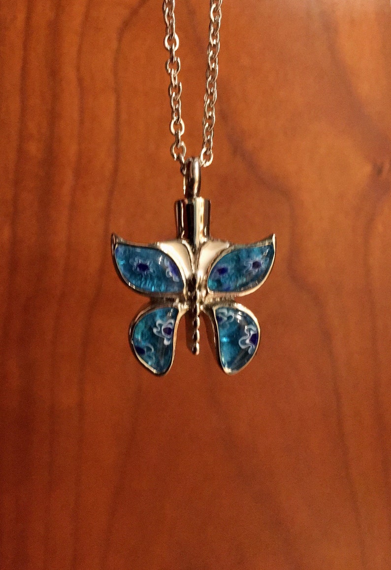 Stainless Steel With Blue Millefiori Glass Wings Urn Necklace Ashes Necklace 9526 Necklace For Ashes Butterfly Cremation Jewelry