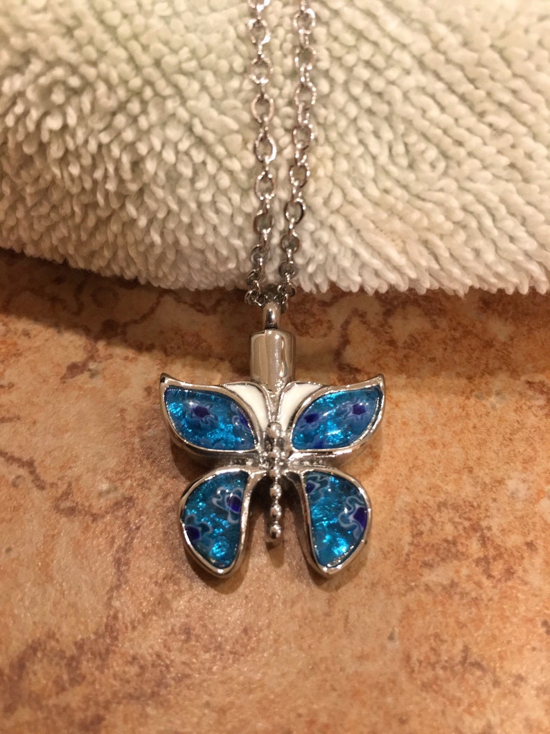Stainless Steel With Blue Millefiori Glass Wings Urn Necklace Ashes Necklace 9526 Necklace For Ashes Butterfly Cremation Jewelry