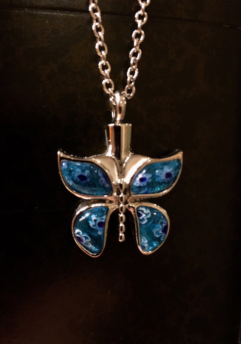 Stainless Steel With Blue Millefiori Glass Wings Urn Necklace Ashes Necklace 9526 Necklace For Ashes Butterfly Cremation Jewelry