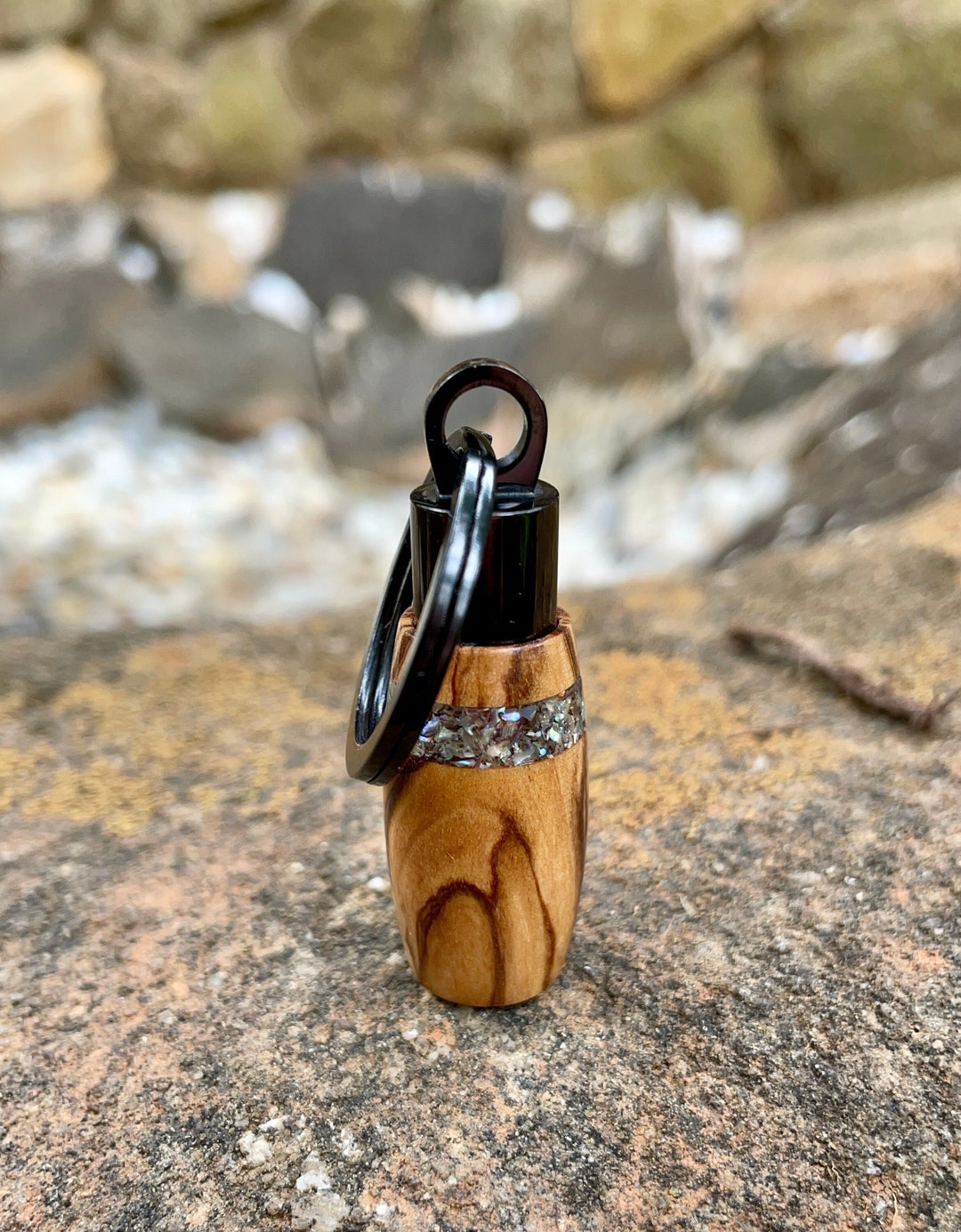 Olive Wood Cremation Keychain: Abalone Inlay, Stainless Steel Ashes ...