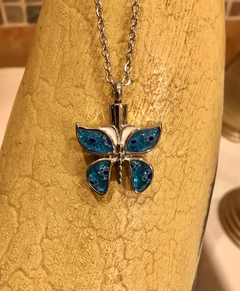 Stainless Steel With Blue Millefiori Glass Wings Urn Necklace Ashes Necklace 9526 Necklace For Ashes Butterfly Cremation Jewelry