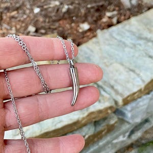 May include: A silver chain necklace with a silver pendant shaped like a tooth.