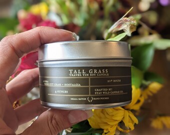 Tall Grass // Travel Tin Soy Candle with Wooden Wick // Fresh cut grass candle, Outdoor soy Candle, Spring soy Candle, grass soy candle