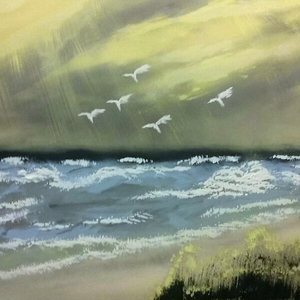 Original Acrylic Landscape, Seascape Painting of the Sea and Birds Flying/Fine Art/Artwork Florida/Ocean/Beach 12 X 18