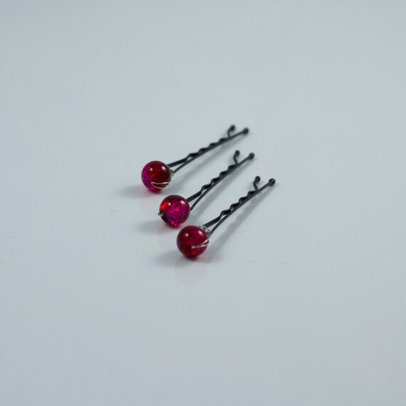 Raspberry Red Beaded Hair Pins Handmade Homemade Gift Hair Etsy