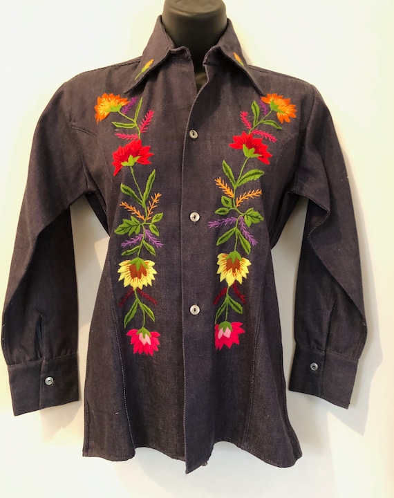 Vintage 60's denim shirt/ jacket with floral embro