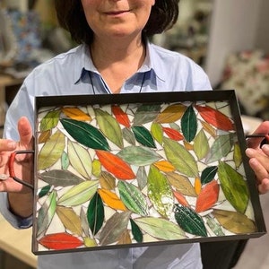 Handmade mosaic metal serving tray with autumn leaves/One of a kind stained glass art/Housewarming,Birthday, Mother&#39;s Day,Christmas Gifts