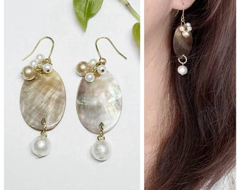 Shell & Cotton Pearl Dangle Earrings / Invisible clip on / Ear Wire/ Silicone Ear Wire(allergy free) / Clip on / Gift
