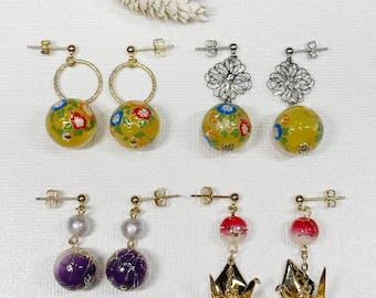 Japanese Acrylic Ball ( wagara) Earrings ,Metallic Gold Crane Earrings / Clip on Earrings / Gift