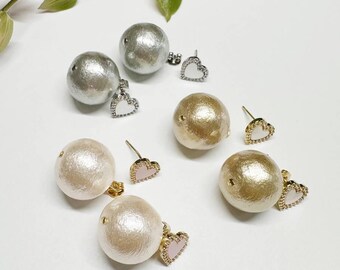 Heart Stud & Cotton Pearl (16mm) Double Side Earrings / Wedding Jewelry / Bridal / Studs Earrings / Heart Studs / Cotton Pearl / Gift