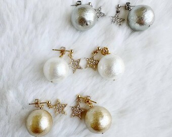 Star Charm Studs & Cotton Pearl Back Catch( 16mm) Earrings /Double side Earrings / Wedding Jewelry / Bridal / Gift
