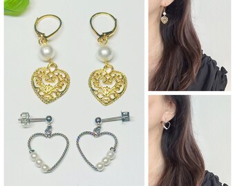 Heart Charm Dangle Earrings / Invisible Clip on / Silicone Ear Wire(allergy free) / Clip on / Gift / Birthday gift