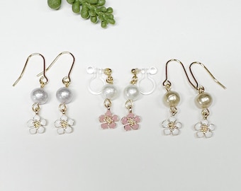 Cotton Pearl (6mm) With  Flower Charm Earrings / Invisible Clip on / Ear Wire/ Silicone Ear Wire(allergy free) / Clip on /Wedding jewelry /