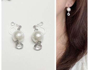 Cotton Pearl ( 12mm) & Rhinestone Dangle Earrings /Invisible clip on / Ear Wire/ Silicone Ear Wire(allergy free) / Clip on / Wedding /Bridal