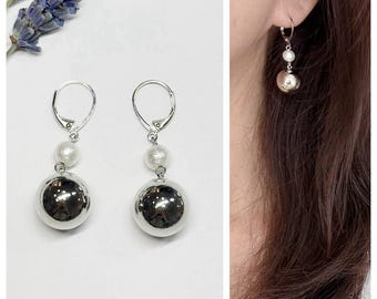 Silver Ball & Cotton Pearl ( 6mm) Dangle Earrings / Wedding Jewelry / Bridal / Gift