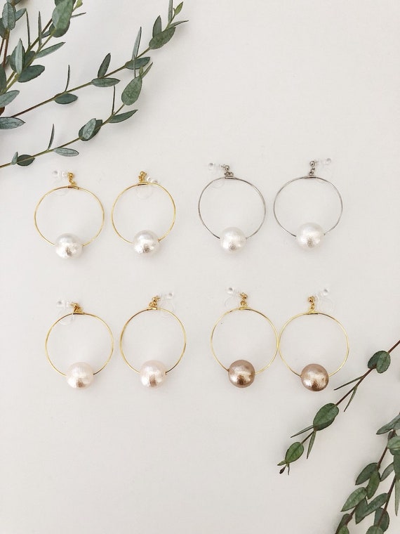 Invisible Clip On Cotton Pearl Hoop Earrings Non Pierced Etsy