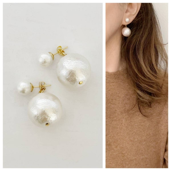 Double side cotton pearl earrings / Wedding jewelry / Bridal / Gift / BIrthday gift