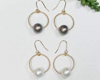 Cotton Pearl (10mm) Hoop Earrings / Invisible clip on / Ear Wire / Silicone Ear Wire(allergy free) / Clip on / Wedding Jewelry / Bridal