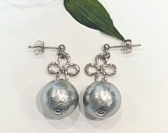 Gray Cotton Pearl (14mm) dangle Earrings / Invisible clip on / Silicone Ear Wire(allergy free) / Clip on / Wedding Jewelry / Bridal / Gift