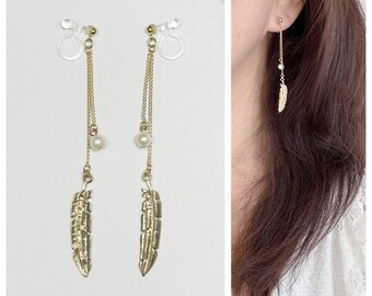 Feather & Cotton Pearl Dangle(4mm) Earrings / Invisible Clip on / Ear Wire / Silicone Ear Wire(allergy free) / Clip on / Cotton Pearl /