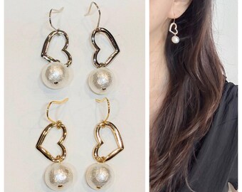 Open Heart and Cotton Pearl (10mm) Dangle Earrings / Gift / Birthday gift