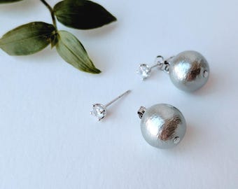 Gray Cotton Pearl (12mm) Back Catch with Cubic Zirconia Studs Earrings / Wedding Jewelry / Bridal / Gift