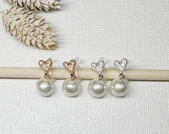 Invisible Clip on Heart Charm & Cotton Pearl (8mm) Earrings / Wedding Jewelry / Bridal / Gift