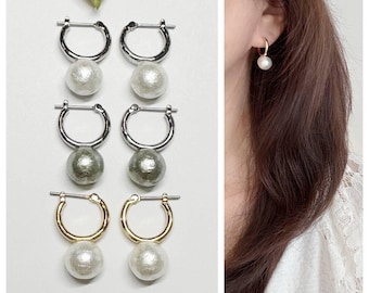 Cotton Pearl (10mm) Hoop Studs Earrings /Studs Earrings / Wedding Jewelry / Bridal Jewelry / Gift