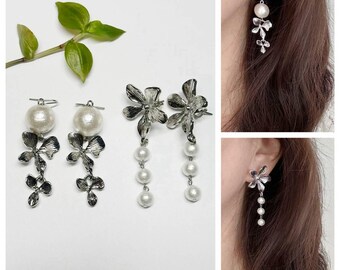 Silver Flower Charm & Cotton Pearl Dangle Earrings / Wedding Jewelry /Bridal Jewelry / Pearl  Earrings / Cotton Pearl Earrings / Gift