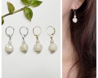 Shell Ball & Cotton Pearl (4mm) Dangle Earrings / Wedding Jewelry / Bridal / Gift