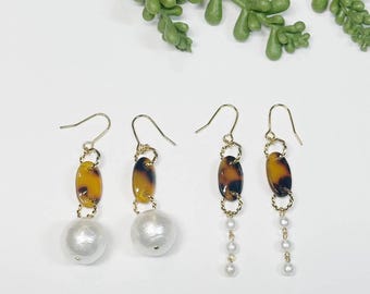 Acrylic Tortoise with Cotton Pearl Dangle Earrings/ Invisible Clip on / Ear wire / Silicone Ear wire(allergy free) / Clip on / Gift