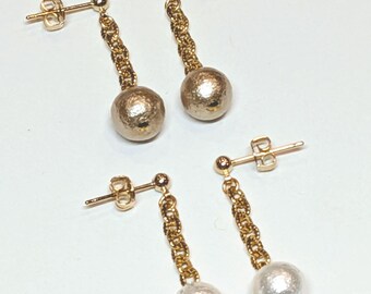Chain with Cotton Pearl (8mm) Dangle  Earrings / Invisible clip on/ Silicone Ear Wire(allergy free) / Clip on / Wedding Jewelry / Bridal /