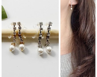 Invisible Clip on Rhinestone Chain with Cotton Pearl (4mm) Dangle Earrings / Wedding Jewelry / Bridal / Gift
